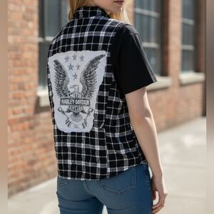 Upcycled Black & White Plaid Vest – Size Large – Harley Davidson Patch